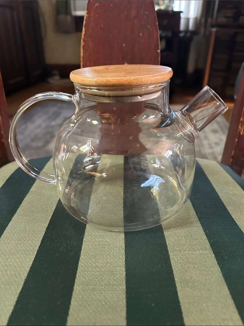 CN Glass Borosilicate Teapot w Bamboo Lid & Flexible SS Coil Spout Strainer